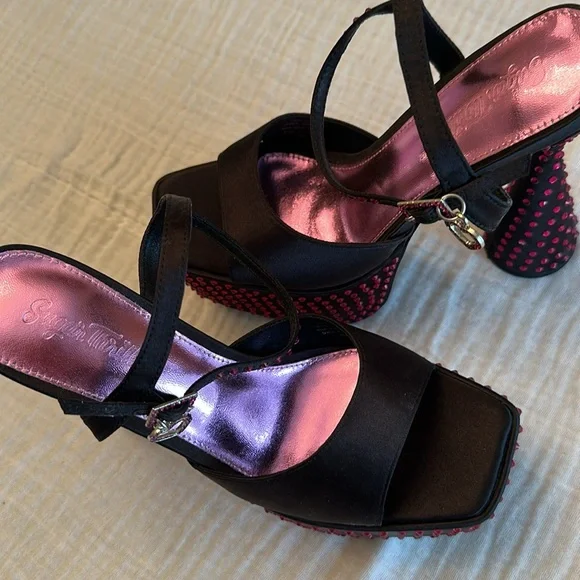 New Dolls Kill Kiss Me Goodnight Satin Platform Heels - Picture 7 of 15